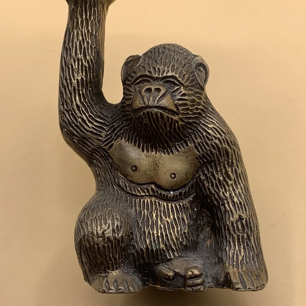 Vintage Brass Gorilla Monkey Butler Figurine w/Trinket Dish Tray